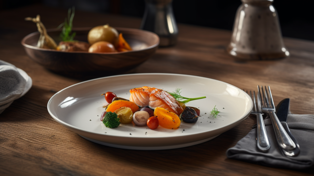 Plated salmon bites with roasted vegetables and dipping sauce.