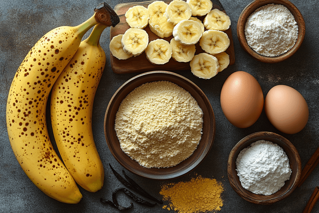 Freshly baked banana bread with ripe bananas on a rustic table.