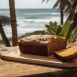 A freshly baked banana bread loaf on a rustic wooden table at the beach, with an ocean view in the background.