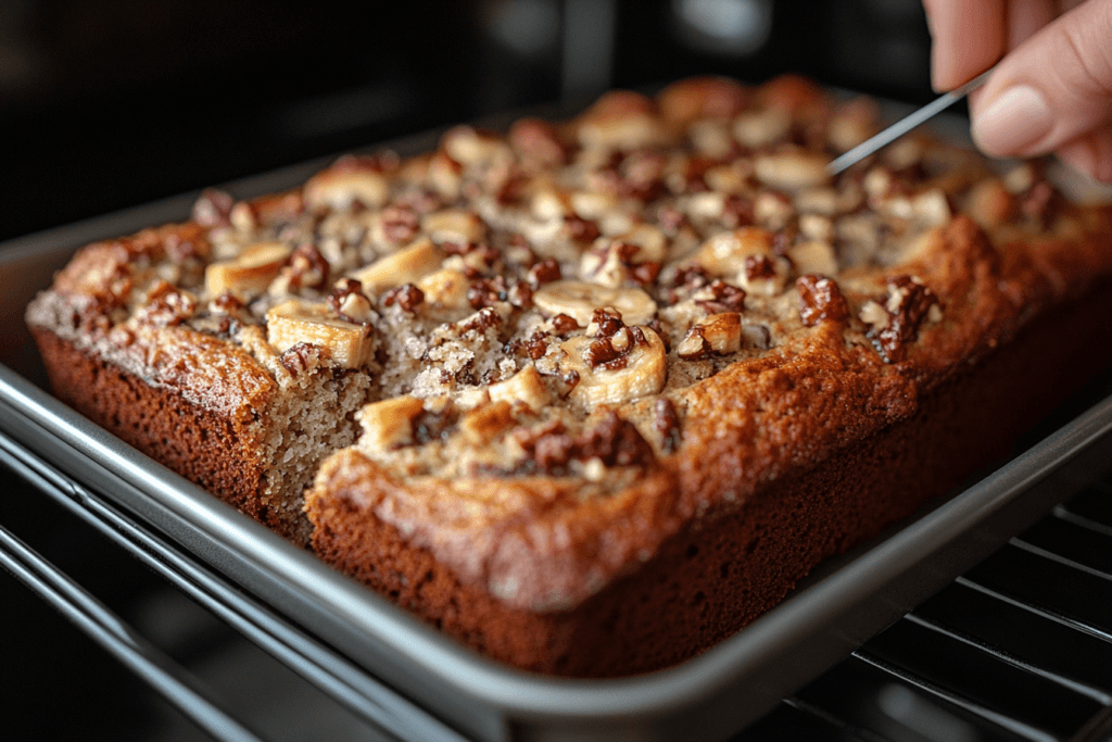 Testing banana bread for doneness with a toothpick.