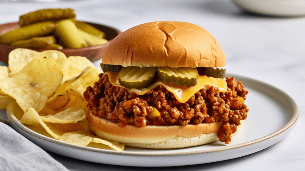 A finished 3-Ingredient Sloppy Joe sandwich on a white plate