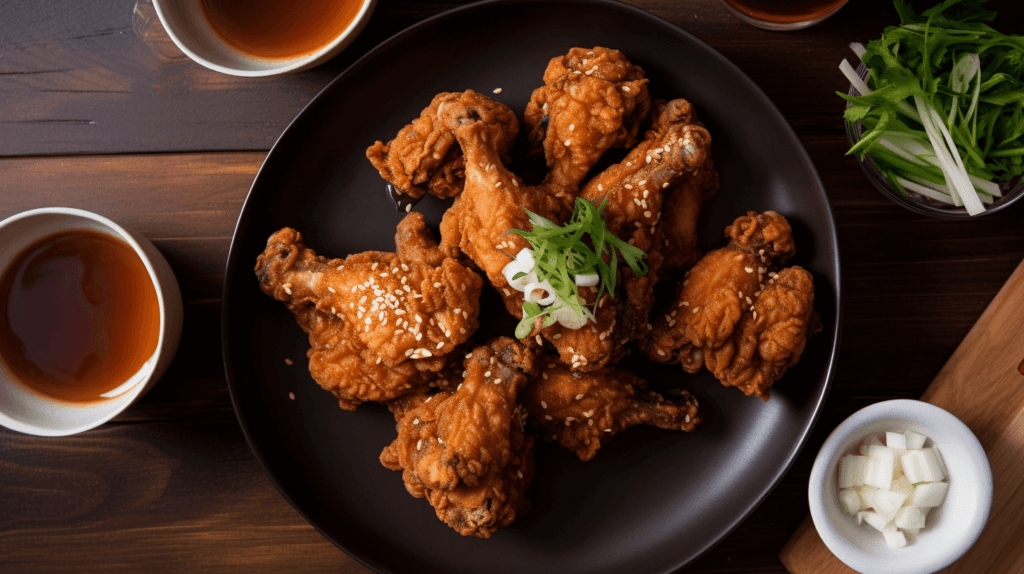 A plate of golden-brown Chicko Chicken with soy garlic and spicy sauce, garnished with sesame seeds and green onions.