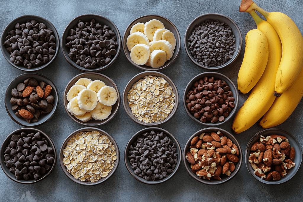 An organized assortment of small bowls containing chocolate chips, sliced bananas, oats, almonds, and walnuts, with fresh bananas placed beside them on a gray surface.