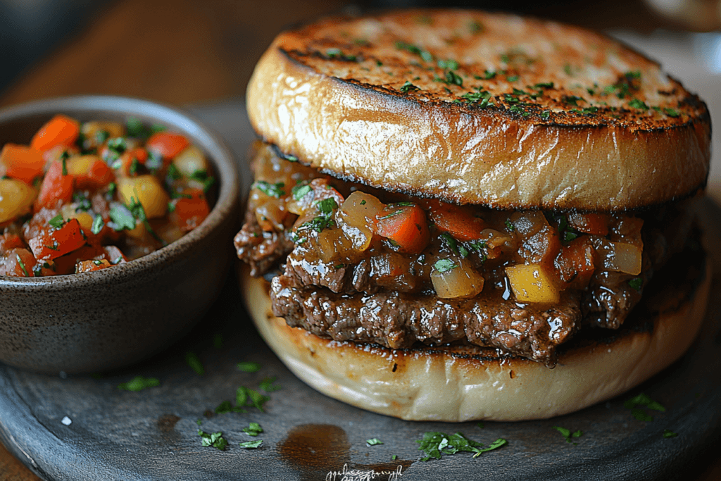 A juicy burger with a toasted bun, filled with a flavorful beef patty and topped with a vibrant mix of diced vegetables and rich sauce. Served on a rustic wooden plate, accompanied by a small bowl of colorful vegetable salsa, garnished with fresh herbs for a delicious, hearty presentation