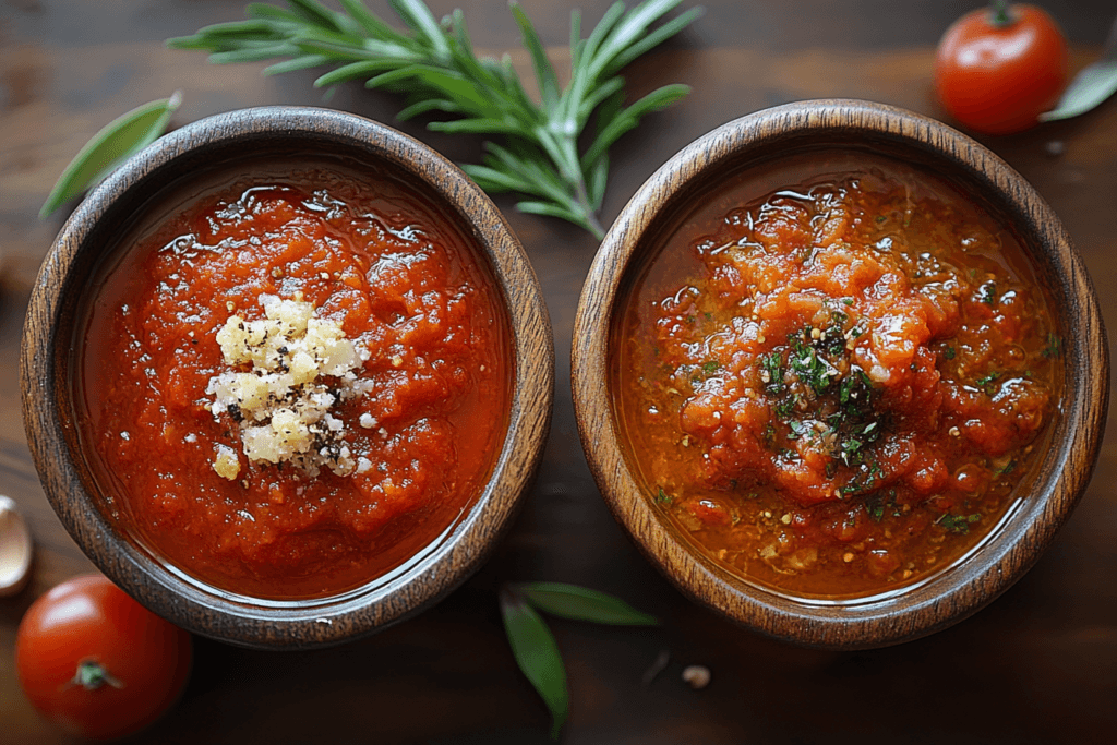 Two wooden bowls filled with vibrant tomato-based sauces, one topped with grated cheese and cracked pepper, and the other garnished with fresh herbs, surrounded by tomatoes, garlic, and rosemary on a wooden surface.
