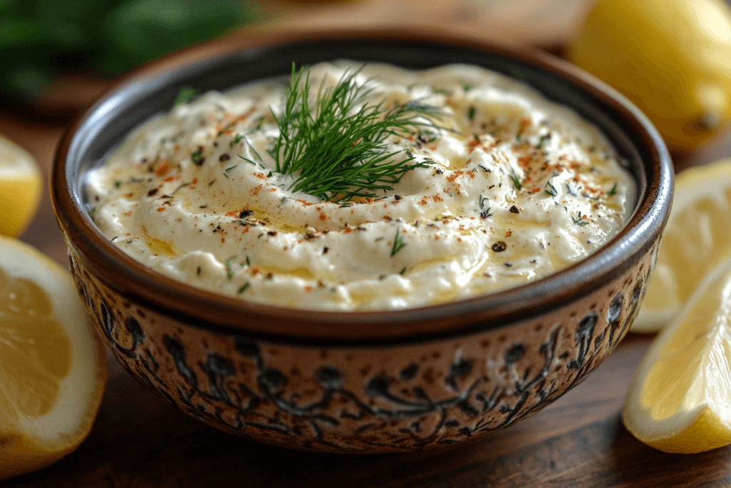  A bowl of creamy dip garnished with fresh dill and paprika, surrounded by lemon wedges on a wooden table.