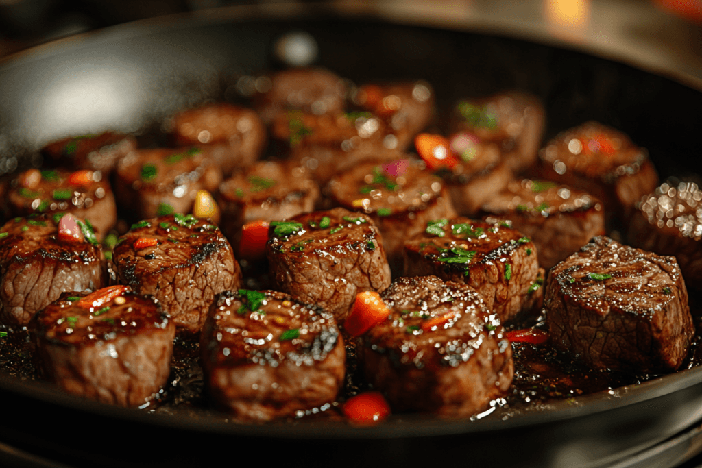 Juicy, perfectly seared beef medallions garnished with fresh herbs and colorful diced vegetables, sizzling in a black skillet.