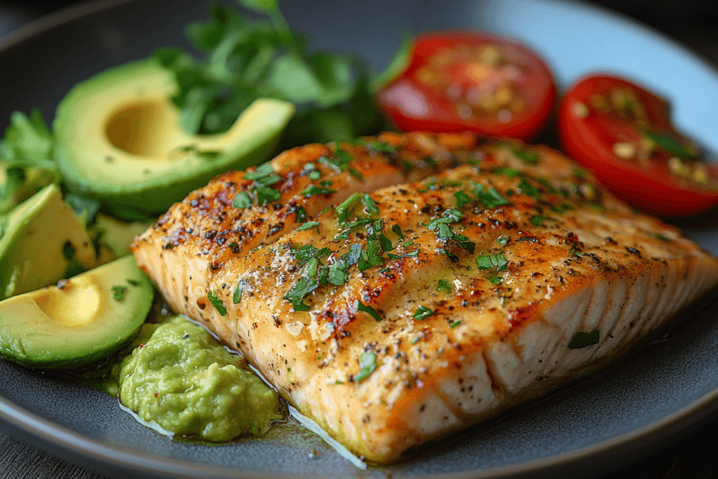 A grilled salmon fillet garnished with fresh herbs, served with avocado slices, guacamole, cherry tomatoes, and greens on a dark plate.