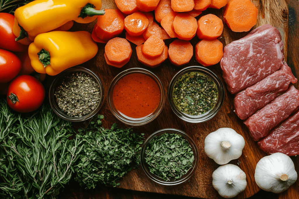 A vibrant array of fresh ingredients for a delicious stew, featuring sliced carrots, yellow bell peppers, tomatoes, sprigs of rosemary, garlic bulbs, and fresh herbs. Three jars of seasoning blends and sauces accompany raw beef cuts, all arranged on a wooden surface.