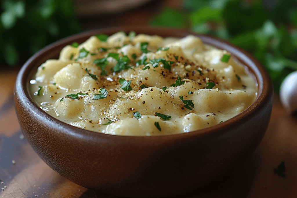 A bowl of creamy pasta garnished with freshly chopped parsley and a sprinkle of cracked black pepper, placed on a wooden surface with herbs in the background.