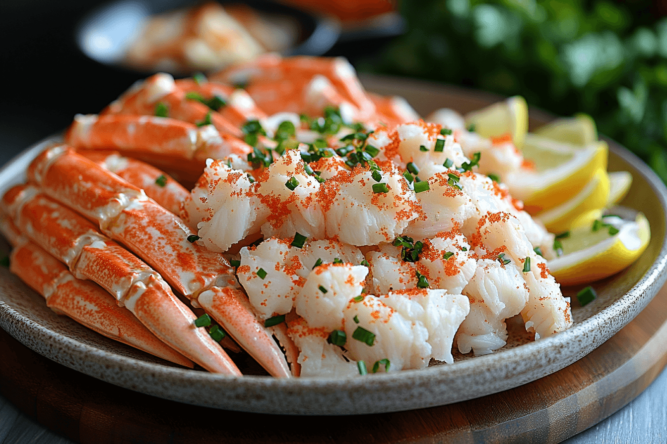 A vibrant crab salad in a white ceramic bowl, garnished with parsley and lemon wedges, placed on a wooden table.