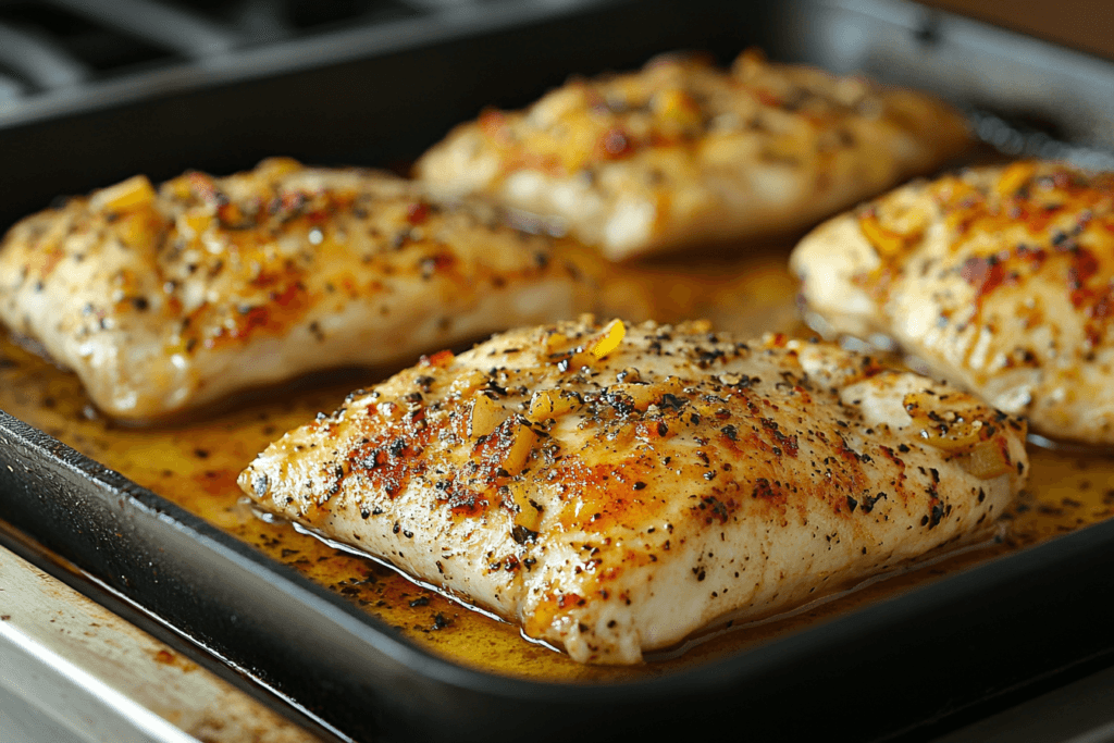 Oven-roasted fish fillets seasoned with herbs and spices, glistening with a golden glaze on a baking tray.