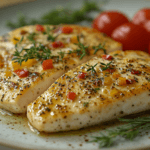 Thin chicken breasts cooking in a skillet with a golden-brown sear, garnished with fresh herbs.