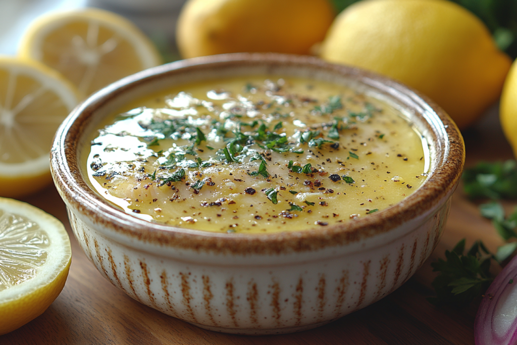 A bowl of lemon-infused sauce garnished with fresh parsley and cracked black pepper, surrounded by whole and sliced lemons on a wooden surface.