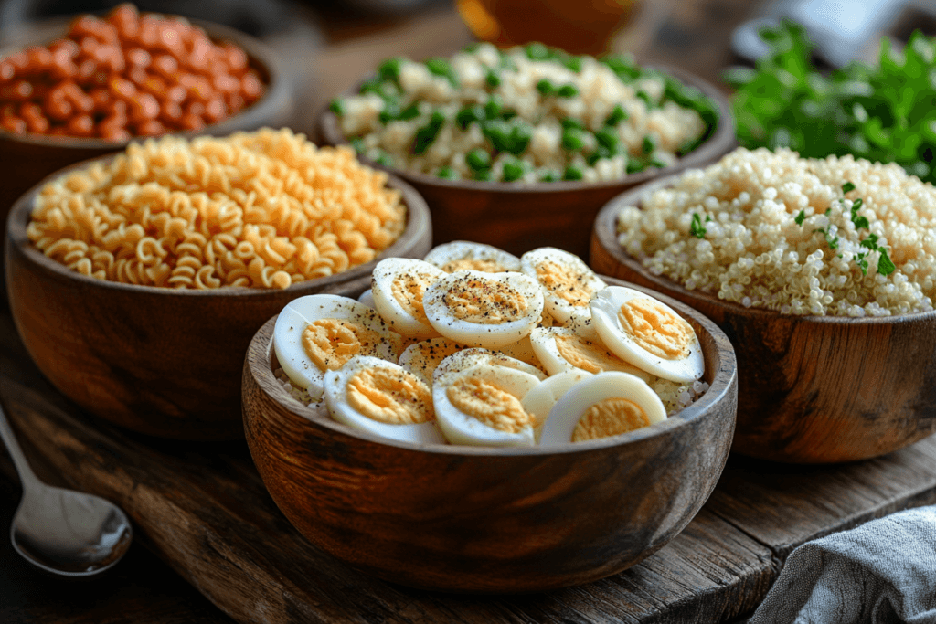  A wooden platter with bowls of sliced boiled eggs, cooked quinoa, pasta, and beans, garnished with fresh herbs.