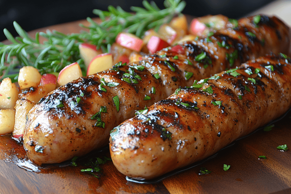 Two grilled sausages with a shiny glaze and fresh parsley garnish, served on a wooden board with roasted apples and sprigs of rosemary.
