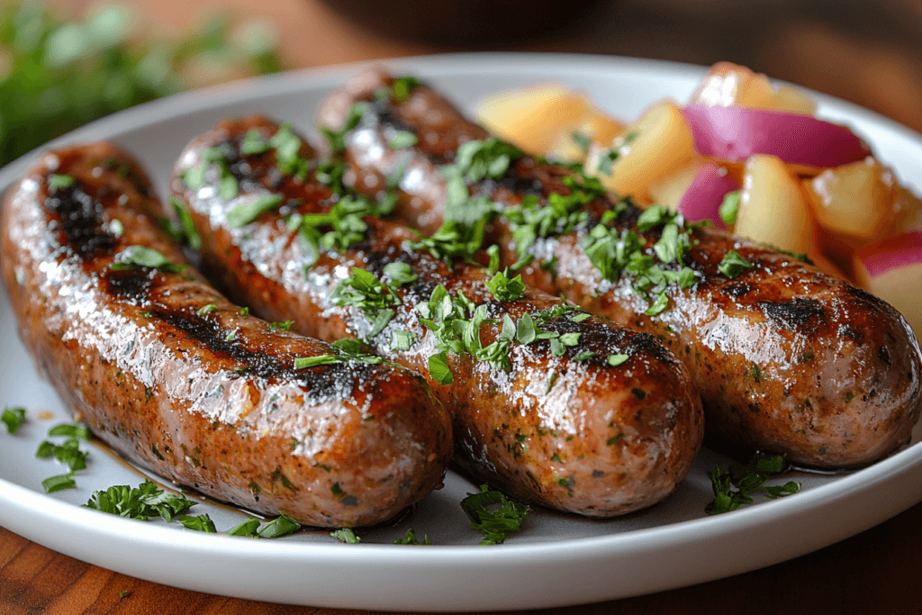  Grilled sausages with fresh parsley garnished on top, served alongside sautéed onions and pineapple on a white plate.