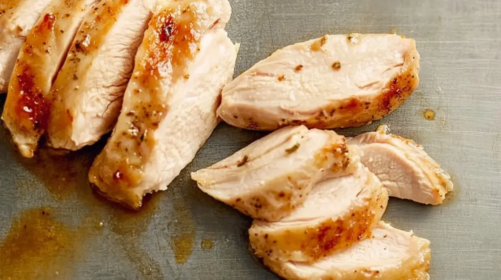 Cooked chicken breast sliced into even strips on a cutting board.