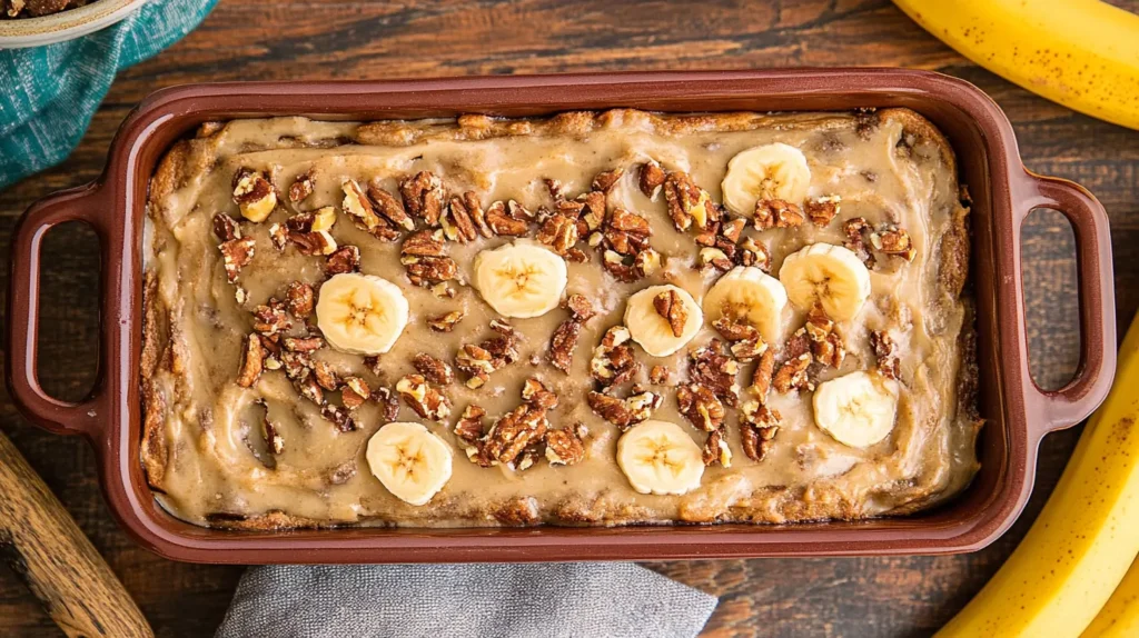 A close-up of banana bread pudding in a brown baking dish, topped with caramel glaze, chopped pecans, and banana slices on a rustic wooden table.