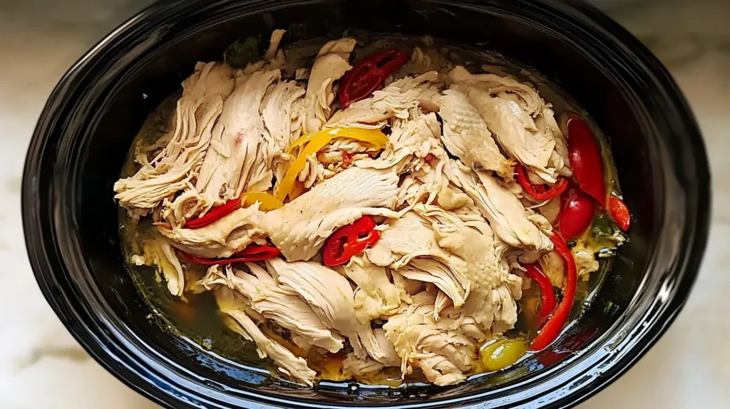 Uncooked Mississippi Chicken in a slow cooker, with raw chicken breasts, butter cubes, pickled banana peppers, and seasonings