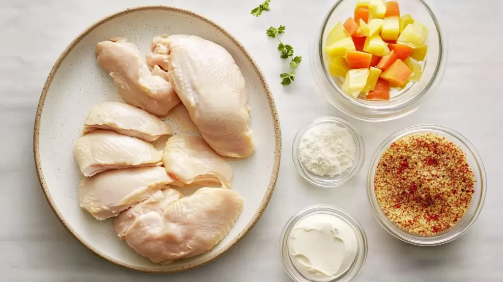 A plate of raw chicken breasts with small bowls of butter, pickled banana peppers, ranch seasoning, au jus mix, chopped onions, garlic, olive oil, and salt.