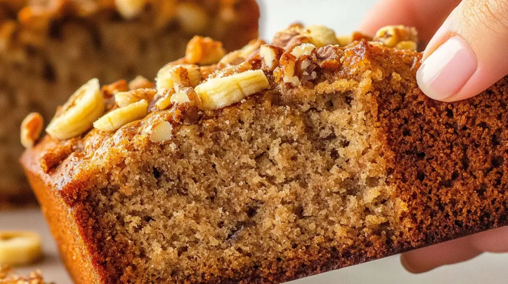 A hand holding a slice of banana bread topped with nuts and banana pieces, showcasing its moist texture and golden-brown crust.