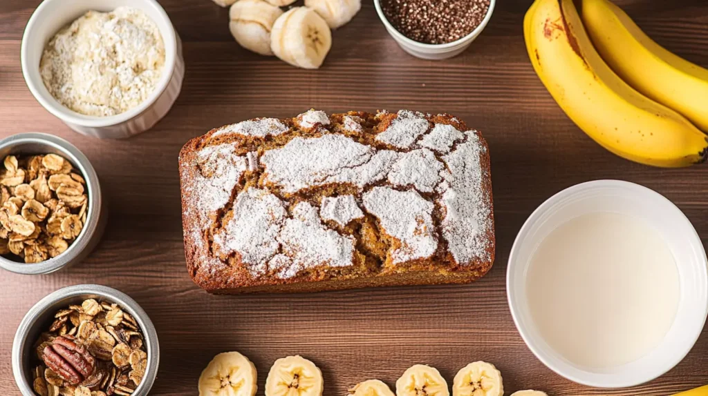 A golden-brown loaf of banana bread with powdered sugar, surrounded by fresh bananas, flour, milk, granola, pecans, and chia seeds on a wooden surface.
