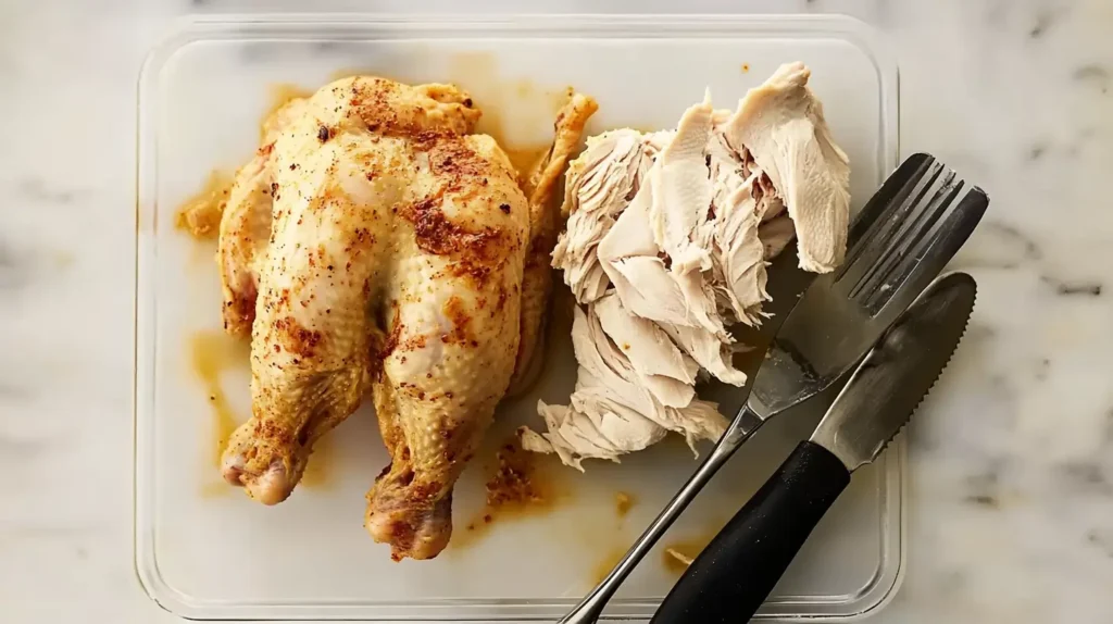 Cooked Mississippi Chicken on a white cutting board, with two forks shredding the tender chicken breasts.