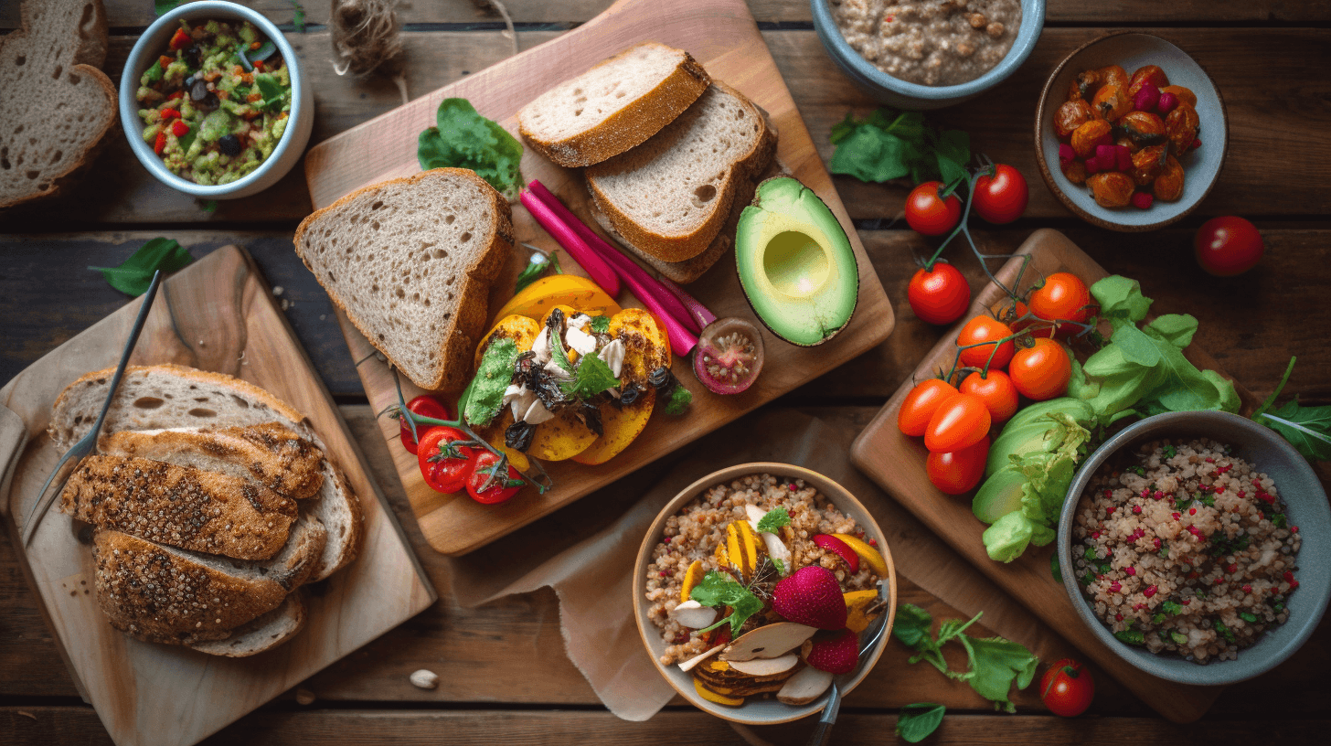 Colorful gluten-free lunch spread with quinoa salad and fresh veggies