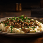 Ground Beef and Gravy Over Mashed Potatoes served with parsley garnish.