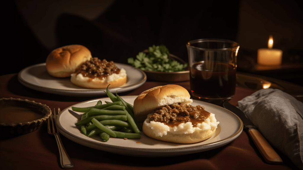 Ground Beef and Gravy Over Mashed Potatoes with side dishes.