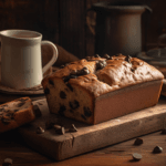 Freshly baked banana bread with melty chocolate chips on a wooden table.