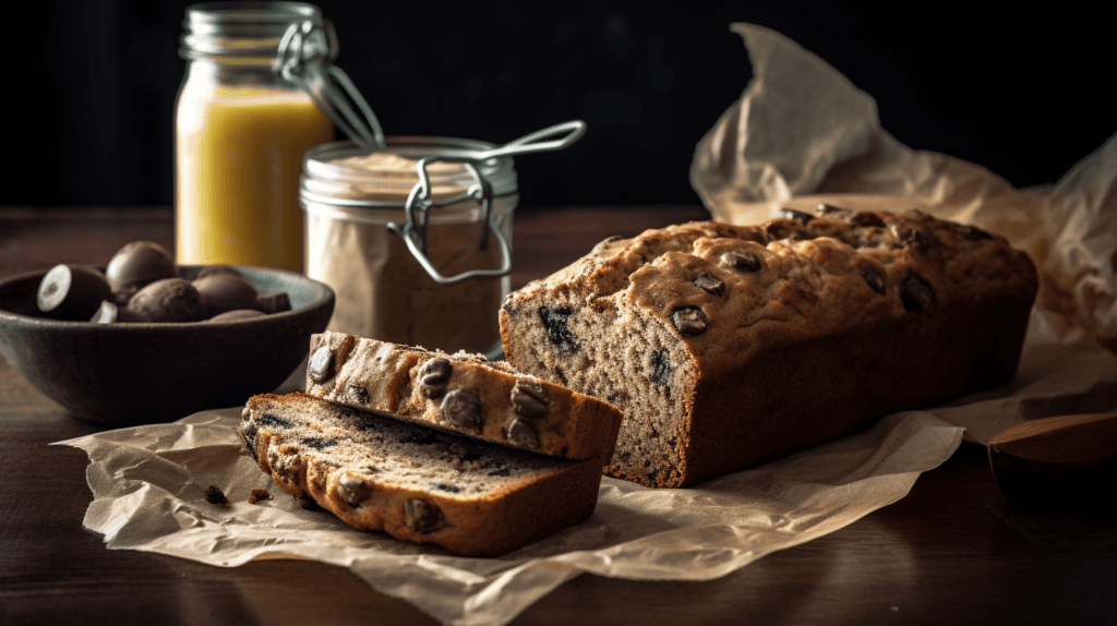 Sliced banana bread wrapped in parchment paper for storage.