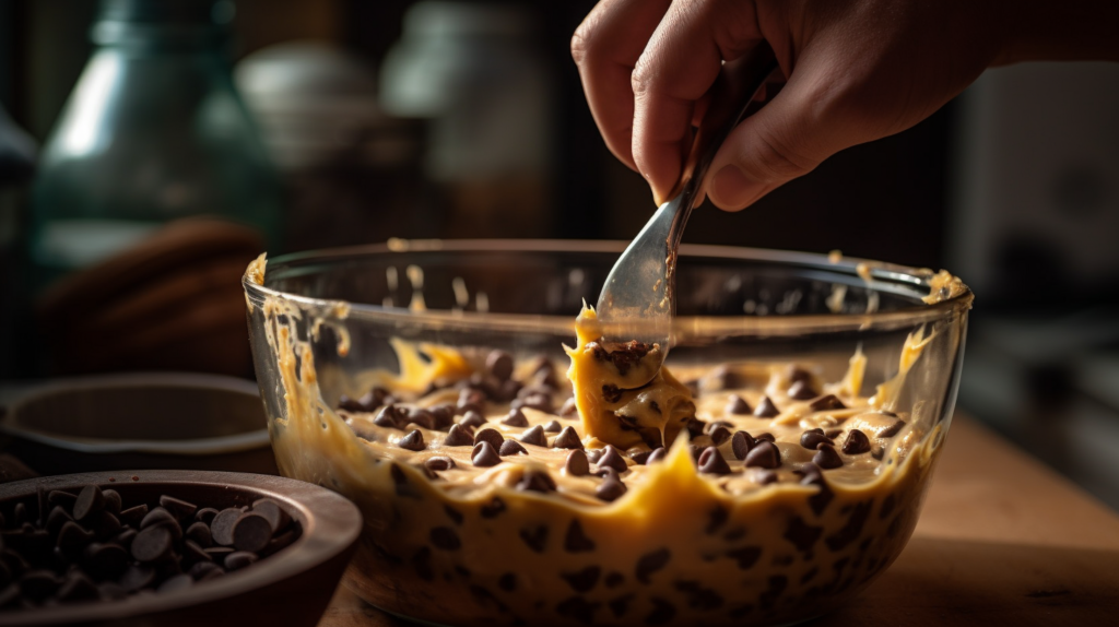 A hand stirring banana bread batter with chocolate chips in a glass bowl.