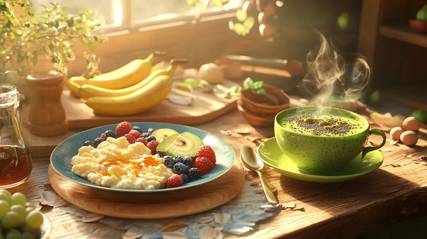 Nutritious and colorful healthy breakfast spread with eggs and smoothie