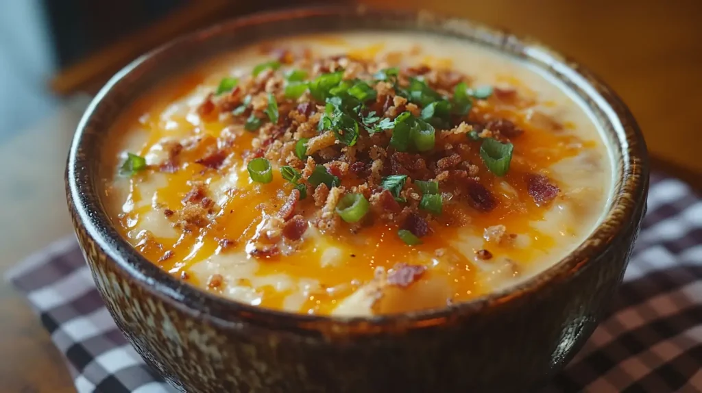 Loaded baked potato soup with toppings.