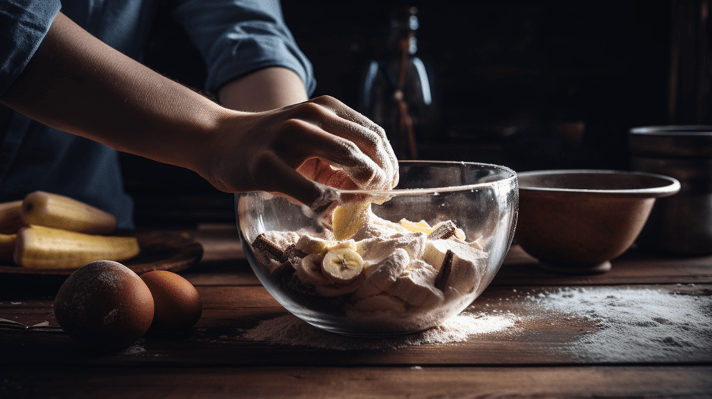 Mixing mashed bananas and cinnamon sugar