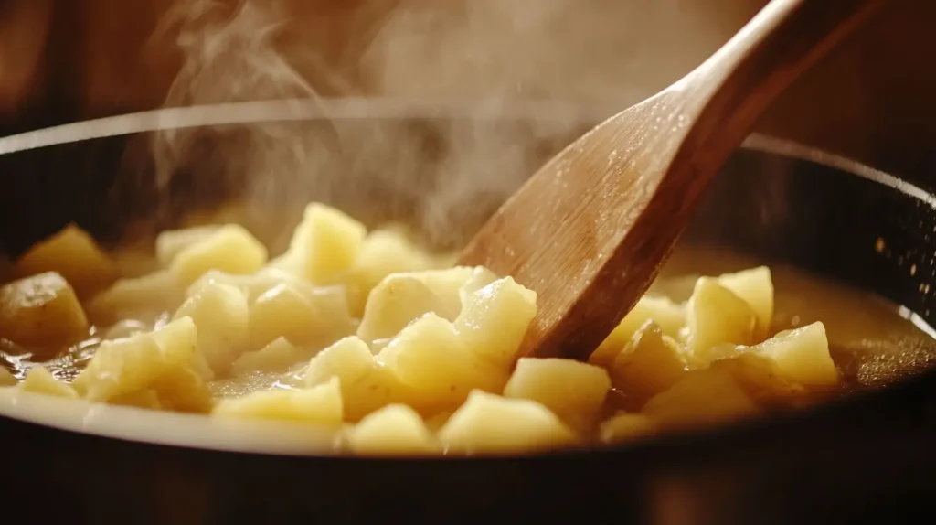 Pot of simmering potato soup with a wooden spoon.