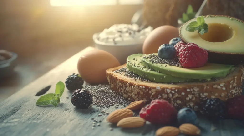 Healthy breakfast ingredients including eggs, avocado, nuts, and fruit