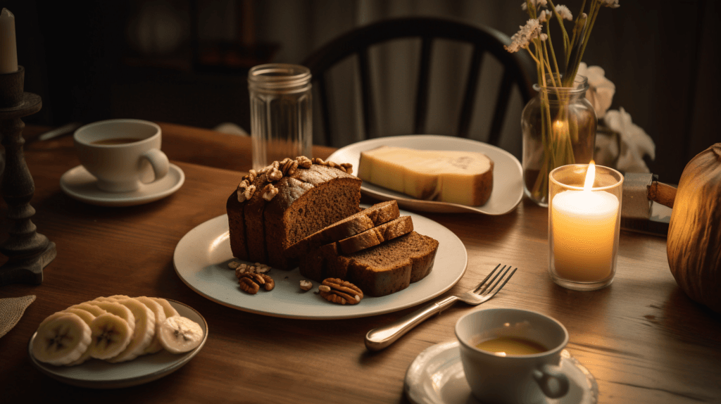 Slices of walnut banana bread with honey and coffee.