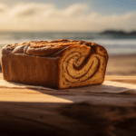 Freshly baked cinnamon swirl banana bread on a beachside table