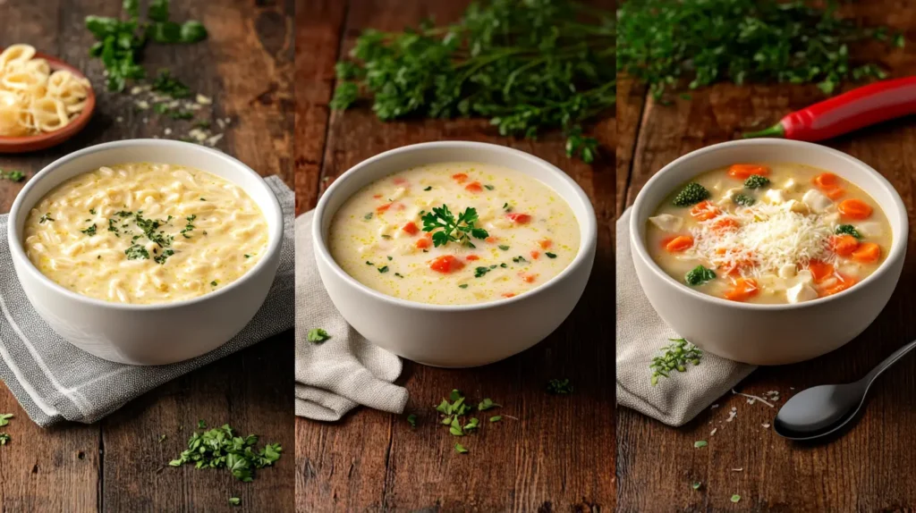 Three variations of pastina soup: classic, creamy, and with chicken.