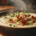 Creamy easy potato soup in a bowl topped with bacon and cheese.