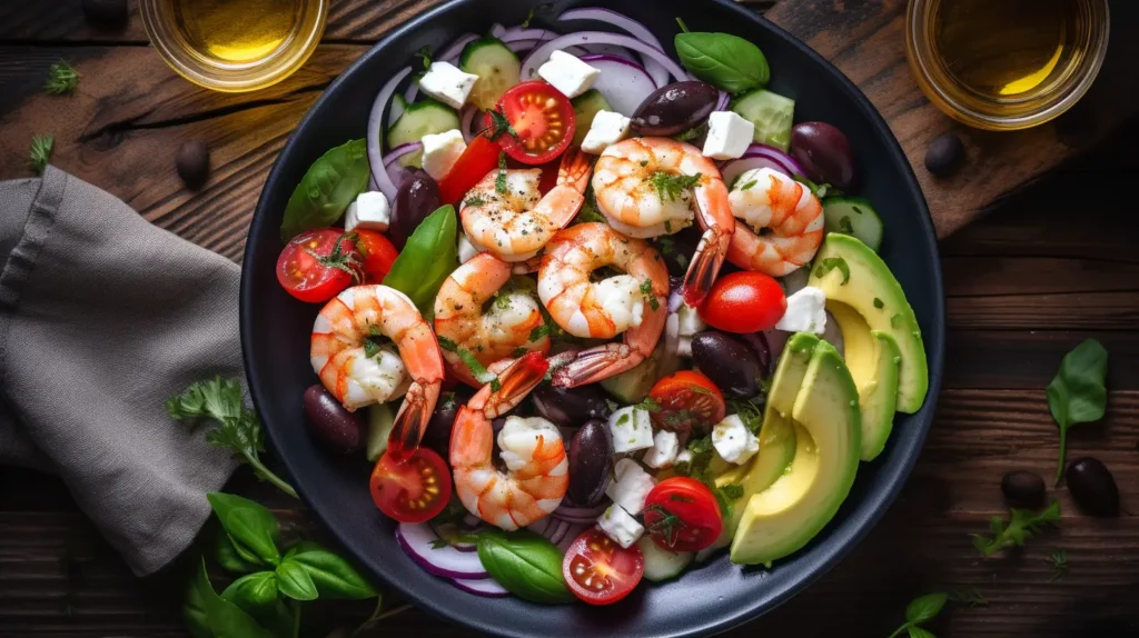 Mediterranean-style shrimp and avocado salad with feta and olives