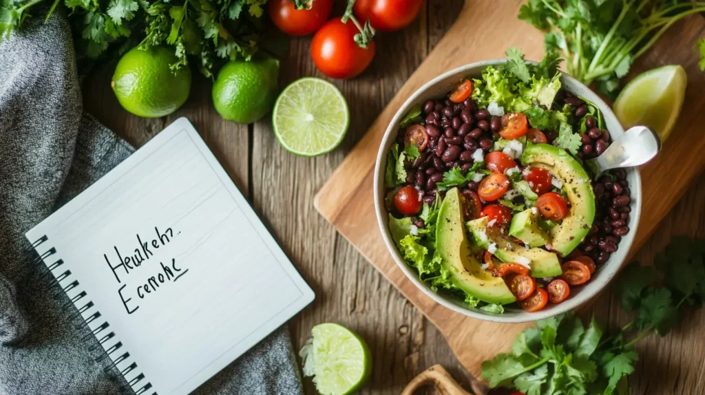  A nutritious Mexican salad with avocado, beans, and greens.