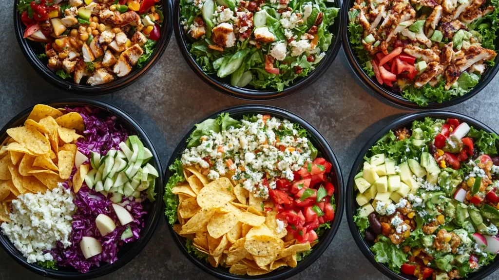 A variety of Wendy’s salads including Taco, Cobb, and Avocado Chicken.