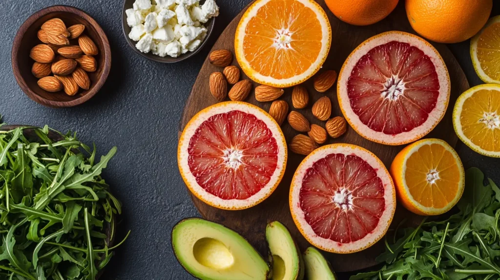 Fresh ingredients for a winter citrus and avocado salad