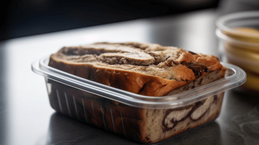 Stored cinnamon swirl banana bread in an airtight container
