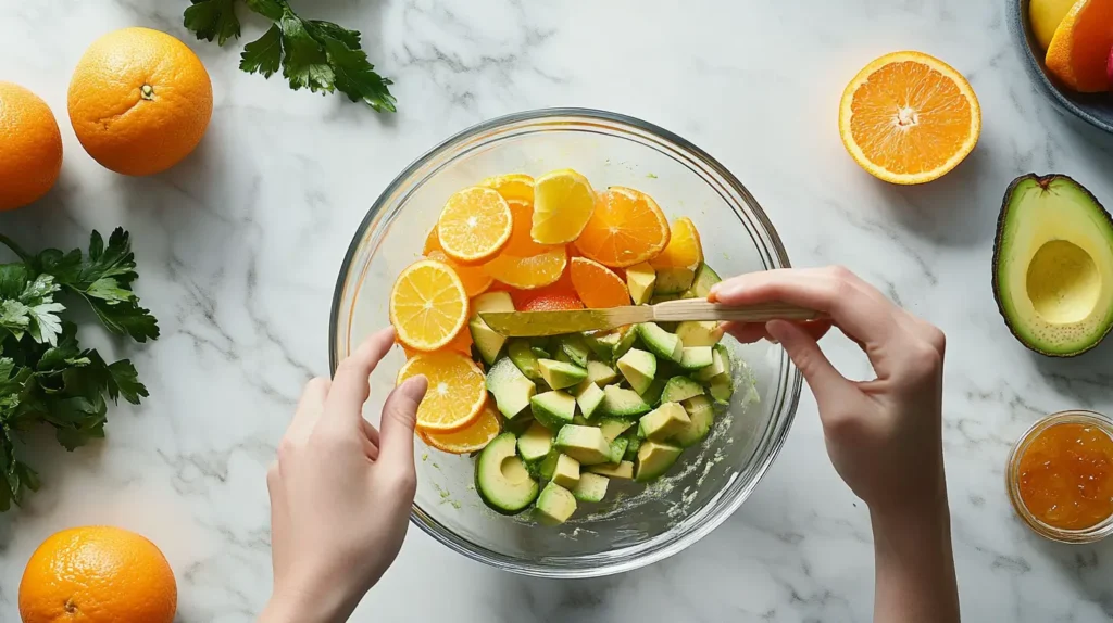 Preparing a citrus and avocado salad step by step