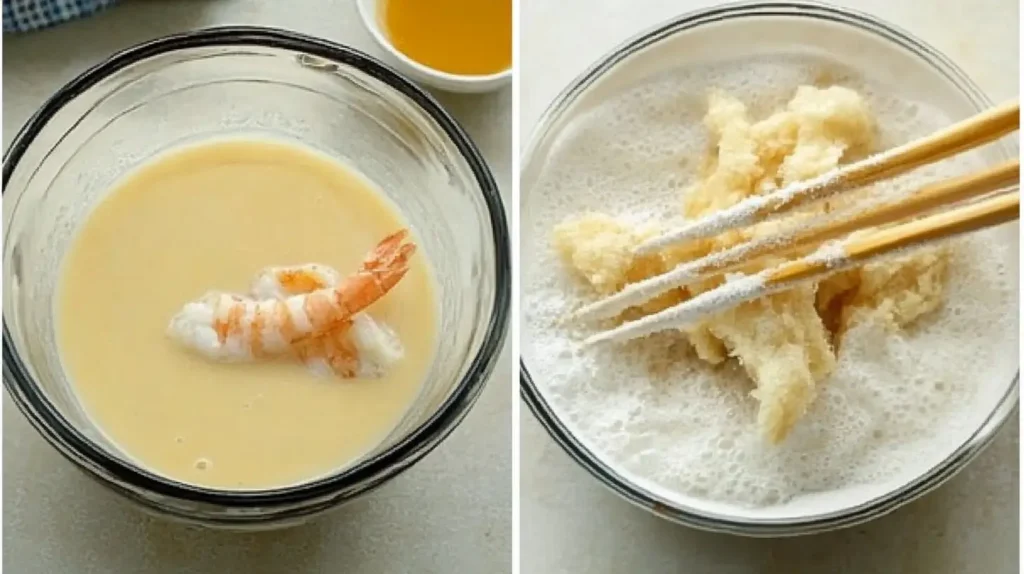 Mixing tempura batter in a bowl and dipping shrimp using chopsticks.